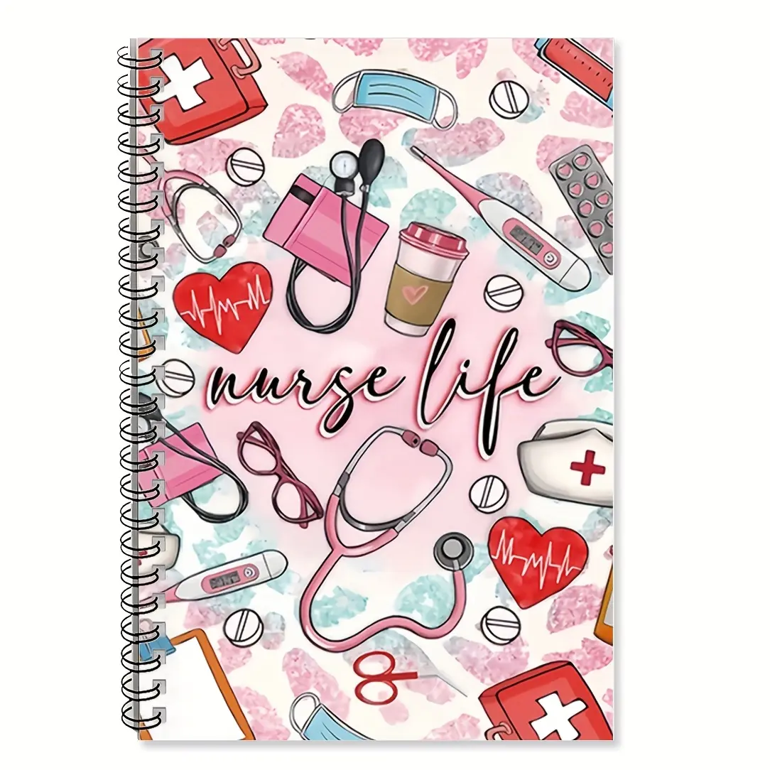 1-Piece Pink Nurse Life Spiral Notebook Diary - 100 pages, medically themed design with stethoscope and heartbeat line, for school nurses, Nursing students, nurse work accessories, Writing Notebook, Stationery Office Supplies