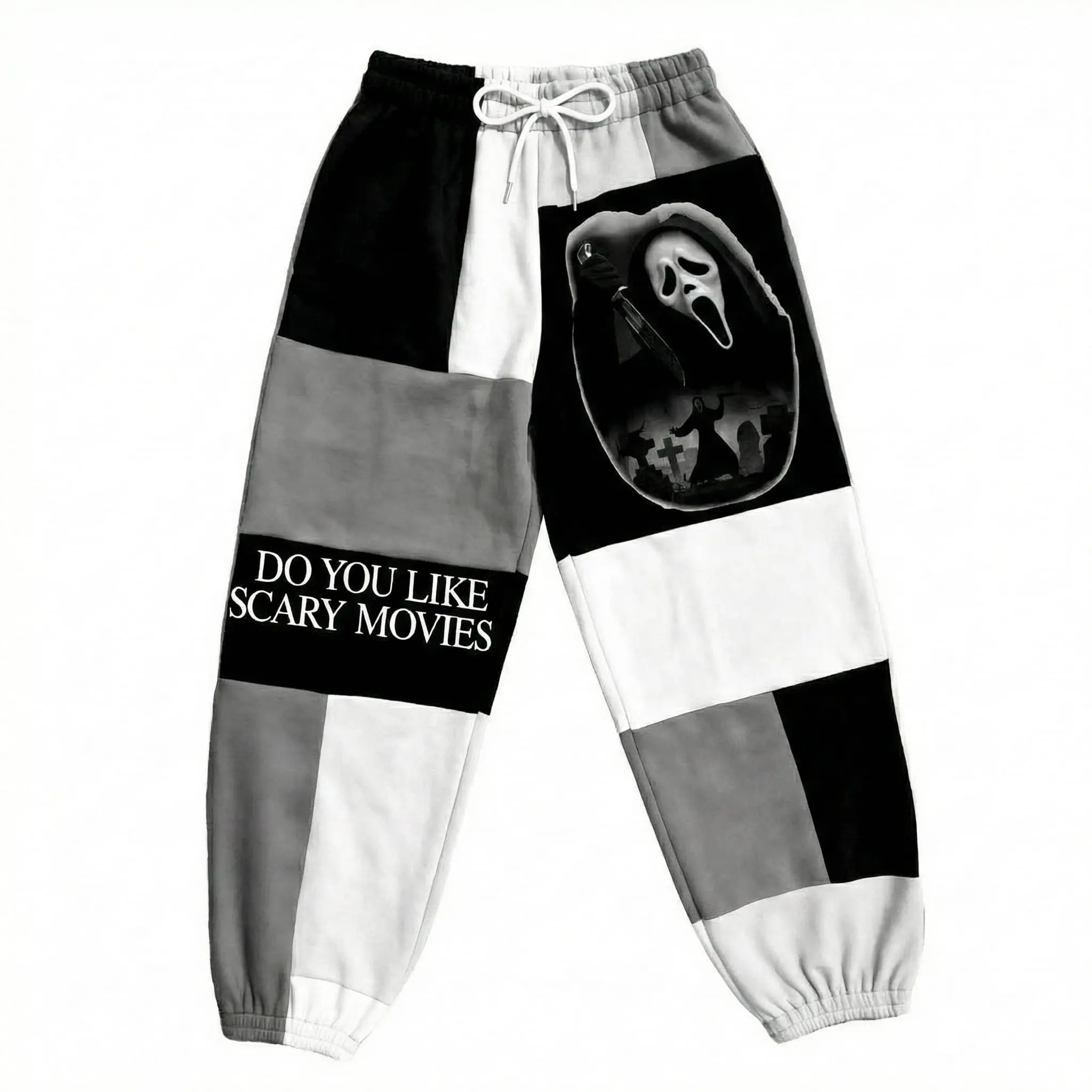 Ghostface Do You Like Scary Movies Halloween Sweatpants, Horror Patchwork Jogger Pants, Spooky Streetwear Pants, Fall Winter Pants, For Men & Women, Gift For Horror Fans