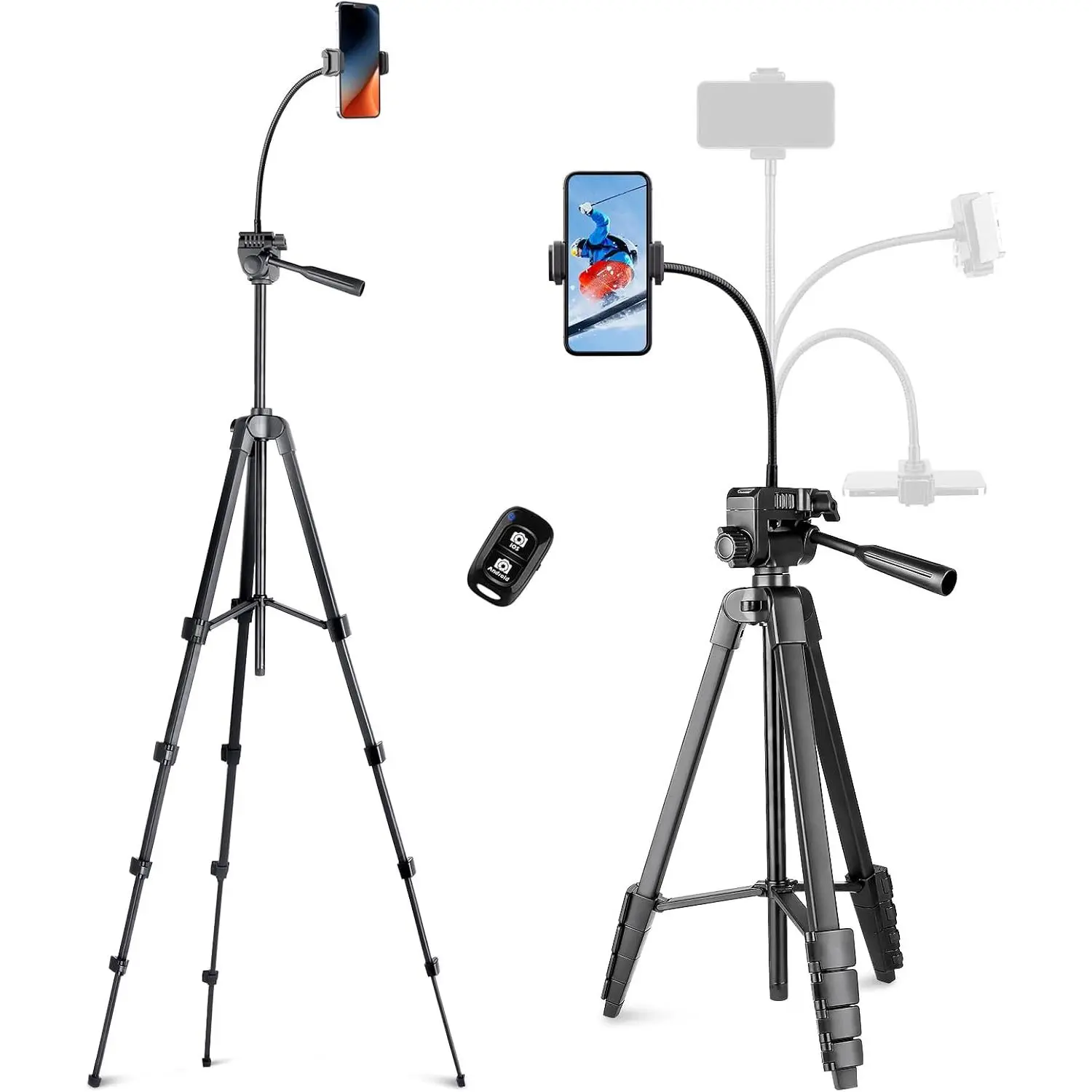 Phone Tripod, 82" Tripod for iPhone with Flexible Gooseneck, Wireless Remote and Phone Holder, Extendable Cell Phone&Camera Tripod Stand for Selfies/Video Recording/Live Streaming/Vlogging