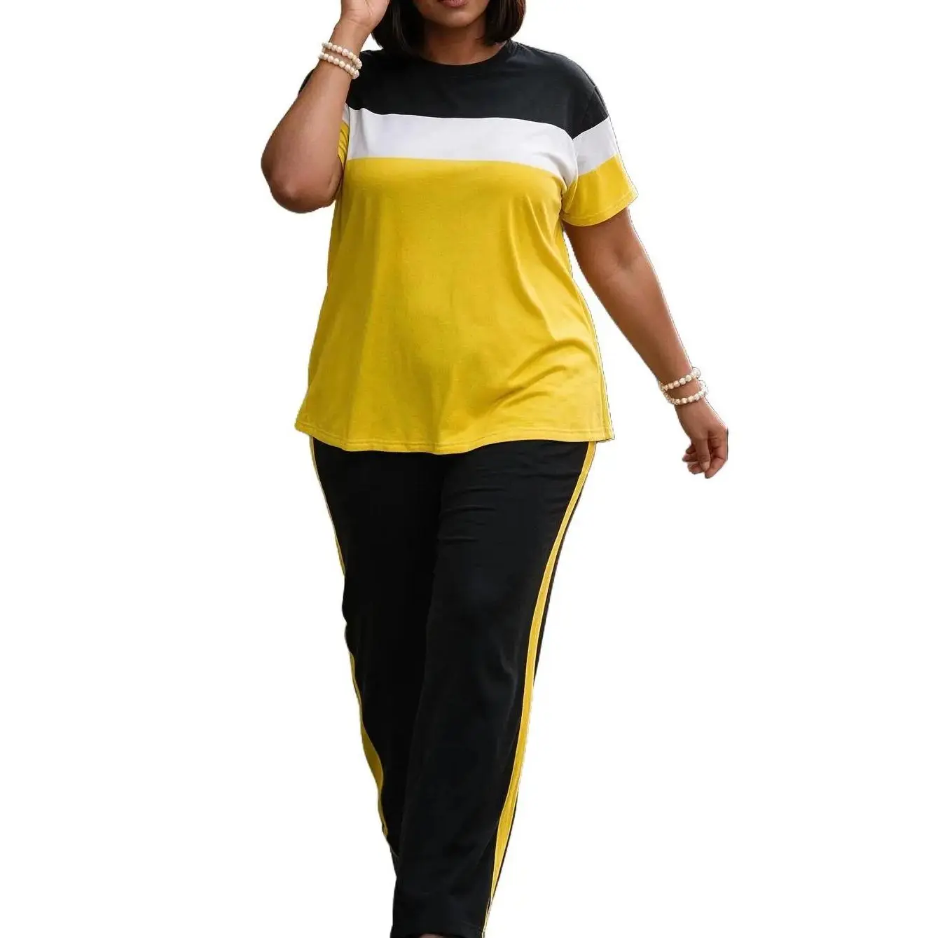 Women's Color Block Soft Stretch Comfy Sets, 2-Piece Relaxed Fit Outfit with Crew Neck Short-Sleeve Top and Straight Leg Pants, Women's Clothes, Short Sleeves, Women's Casual 2 Piece Sets, Colorblock Chic Everyday