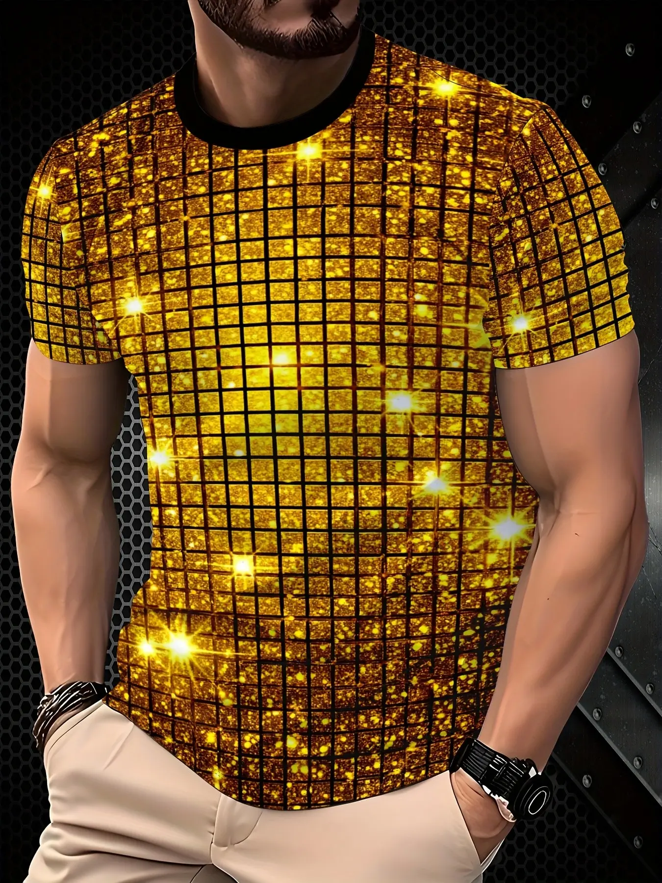 Gold Plaid Print Men's Short Sleeve T-Shirt, Casual Stylish Tee, Crewneck, Menswear, Fashionable Nightclub Performance, Casual Long Sleeve Top for Men