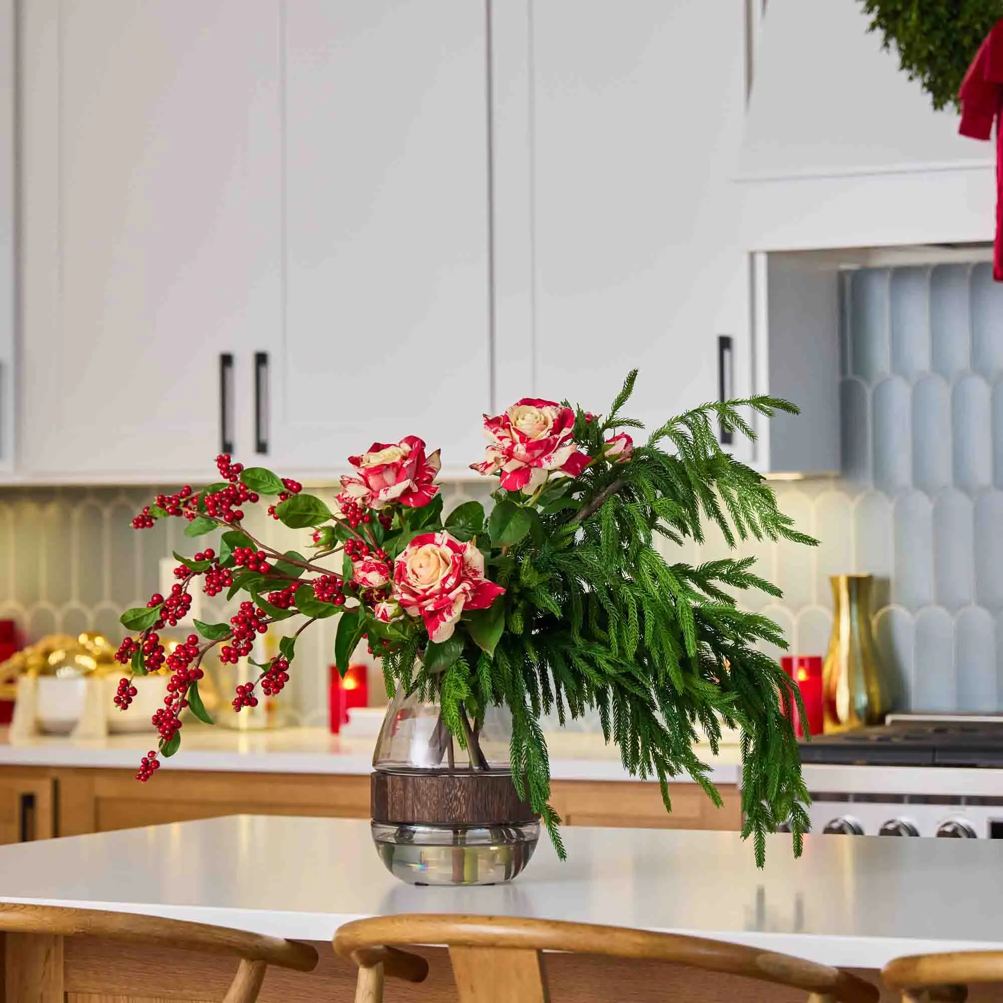 Royal Peppermint Noel Holiday Floral Centerpiece - Real Touch Candy Cane Rose & Bud, Norfolk Branch, Red Snowberry in Large Smokey Wood Vase with Decorative Water Illusion Effect
