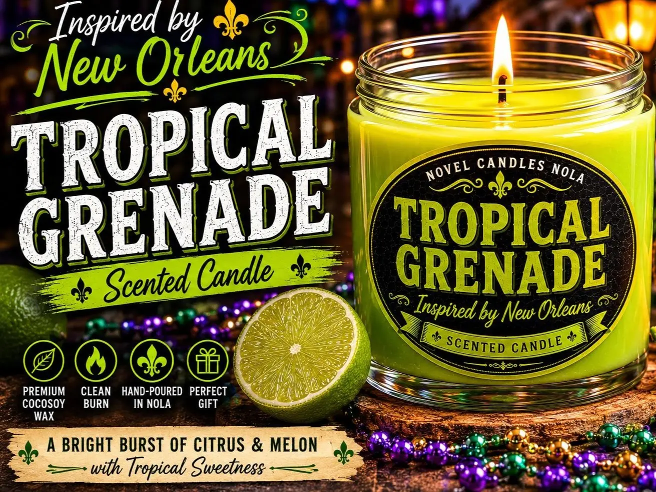 TROPICAL GRENADE Candle | New Orleans Inspired Citrus Melon Cocktail Scent | Novelty Neon Green Candle | Bourbon Street Gift | NOLA Souvenir
