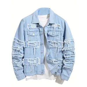 [Ripped Denim Jacket] Slim Fit Ripped Denim Jacket - Men's Jean Outerwear Streetwear Casual Coat