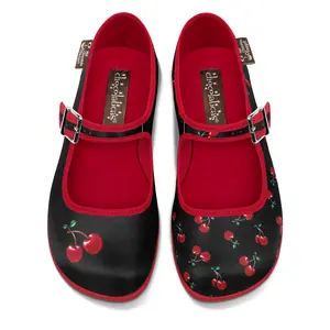 Hot Chocolate Design Cherry Black Women's Mary Jane Flat with Harlequin Pattern & Character Art Soft Fabric Inner Non-Marking Rubber Sole Pastel Colors Carnival Inspired Design, Adjustable Buckle-Strap, Cushioned Inner Sole with Arch Support