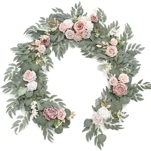 Artificial Eucalyptus Garland with Flowers 6FT, Wedding Table Garland with Flowers Handcrafted Wedding Centerpieces, Decorative Gift Decoration Christmas Peonies