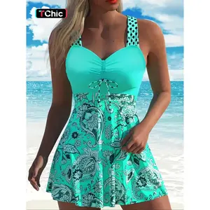 New Women's Sexy Printed Skirt Style V Neck Tankini Swimsuit Set, Floral Knitted Design for All Seasons, Tight-Fitting Swimwear for Women