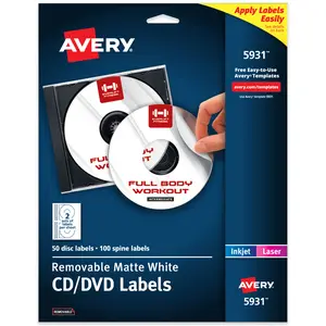Avery Printable CD Labels, Matte White, Removable Adhesive, Laser & Inkjet Printer Compatible, 50 Disc & 100 Spine Labels (5931)
