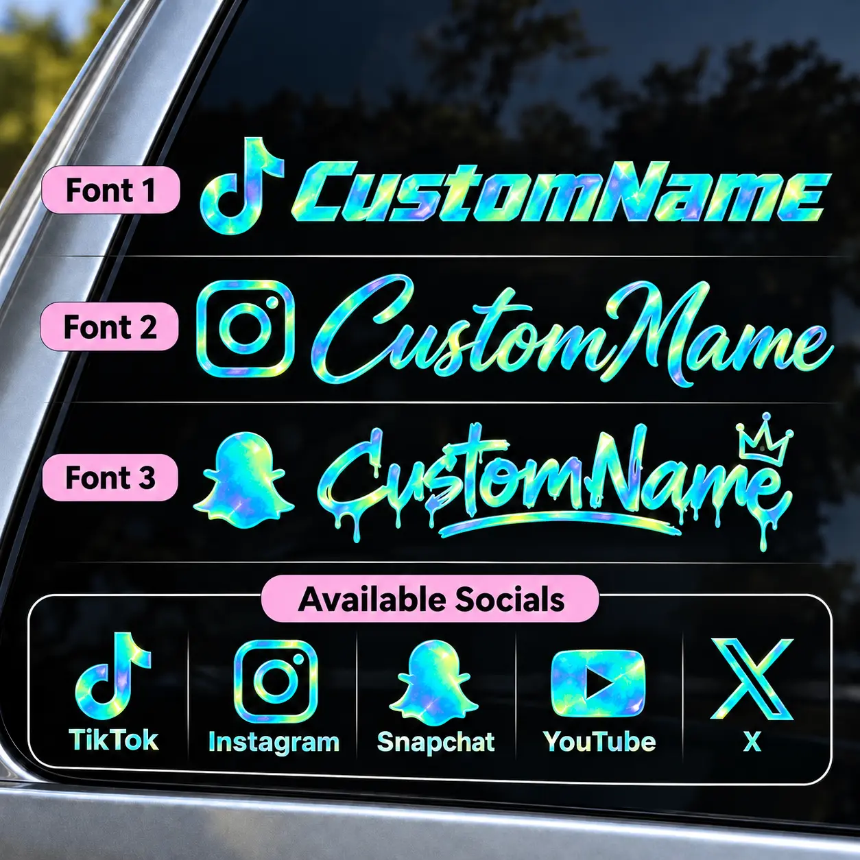 Custom Holographic Glow in the Dark Social Media Car Decal – Personalized TikTok, Instagram, Snapchat, YouTube & X Username Vinyl Window Sticker for Cars, Trucks & SUVs