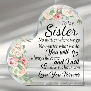 Heart Shaped Acrylic Photo Plaque, Personalized Plaque, Flower Pattern Sister Gift, Sister Birthday Gift, Home Decor Ornament, Desktop Decoration for Sister, Signs