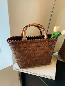 2026 New American Country Straw Bag, Vintage Versatile Rattan Handbag, Bamboo Handle Basket Purse, Pure Beach Vacation Handwoven Bag