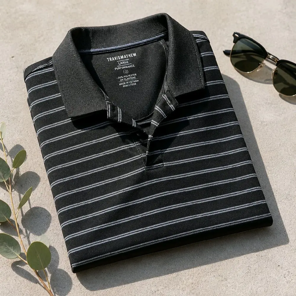 Van Heusen Studio Slim Fit Polo Shirt Mens L Large Black Gray Striped 5020
