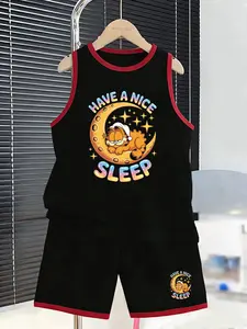 Summer Boys' Sports Set, Garfield Moon Sleep + Have a Nice Sleep Print, Sleeveless Vest & Short Pants Two-Piece, Casual Fit