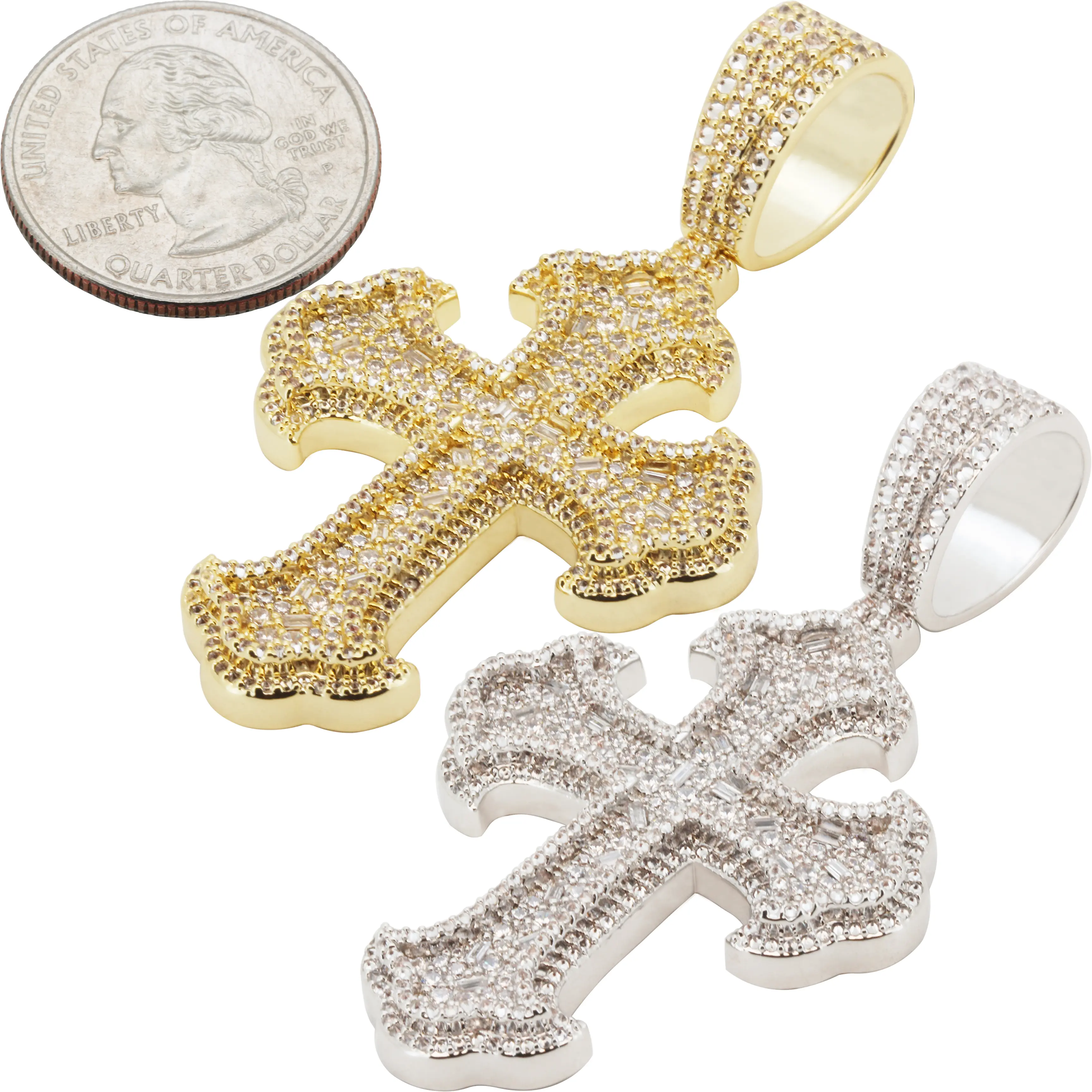 14k Yellow/White Gold Plated AAA Cubic Zirconia Cluster Flared Cross Pendant