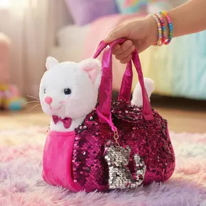 Little Jupiter Pet Plush Set with Bag - White Cat with Hot Pink Bag