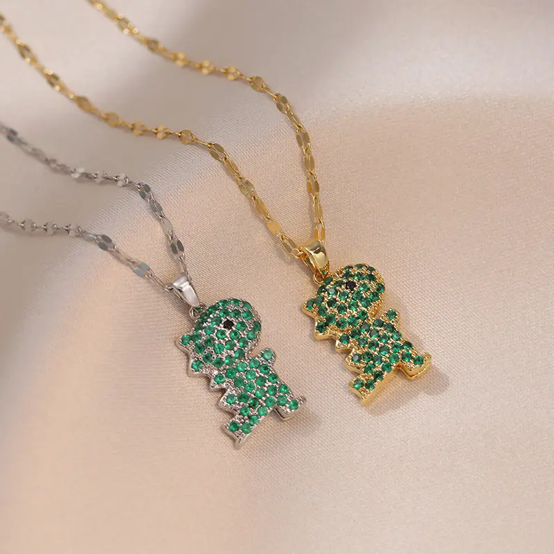 2PCS Cute Dinosaur Necklaces Titanium Steel Necklaces For Women, New Style Small Dinosaur, Zircon, Emerald, Trend Jewelry