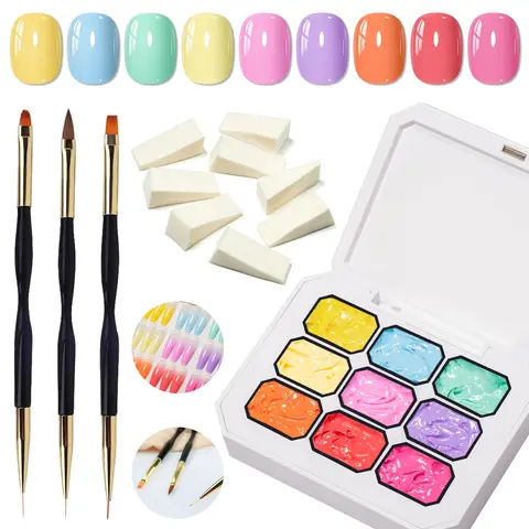 MEET ACROSS 9 Colors Macaron Color Pat Painting Gel Box, Popular Dopamine Color Nude Nail Art, Firm Pat-Pat Glue Gradient Effect for Manicure Gift at Home & Nail Salon, DIY Nail Kit, Nail Art Supplies, Nail Products