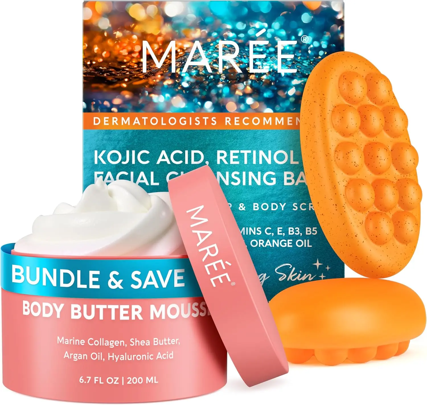 MAREE Head to Toe Radiance Bundle - Body Butter Cream & Brightening Kojic Acid Soap Scrub - Ayurvedic Skin Care Set - Whipped Shea Butter Cream for Women & Kojic Acid Dark Spot Remover for Face & Body