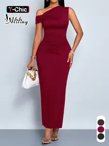Summer Elegant Fashion Style Chic Minimalist Plain Color Women's Dress, One Shoulder Slit Bodycon Fitted Dress, Casual Outdoor, Date Night, Evening, Daily Commute