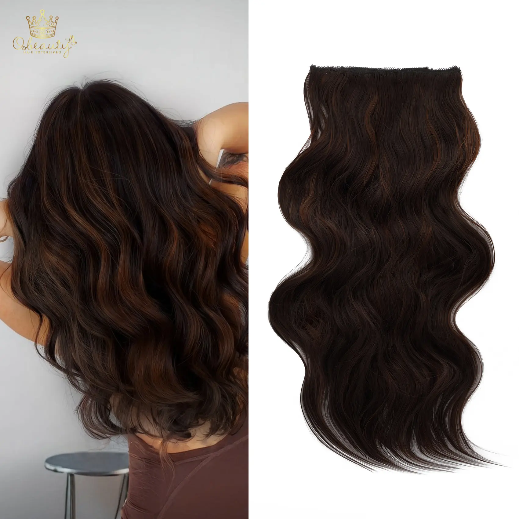 Clip-In Hair Extensions for Women, 24" Long Wavy Dimensional Dark Brown Synthetic Hair, 4 PCS Thick Double Weft Realistic Hairpieces in Gift Box