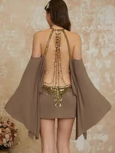 Y2K Baddie Sequin Party Dress, Backless Chain Cut-Out Bodycon, Batwing Sleeve Night Out Clubwear