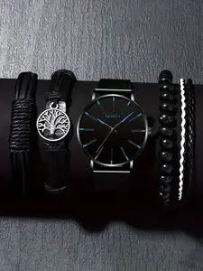 1 piece men's casual round dial analog quartz watch and 4 piece bracelet, Stackable Bracelets, Bracelet With Pendant, fashionable party set, daily outfit decoration, fashionable and exquisite watch set for gifting