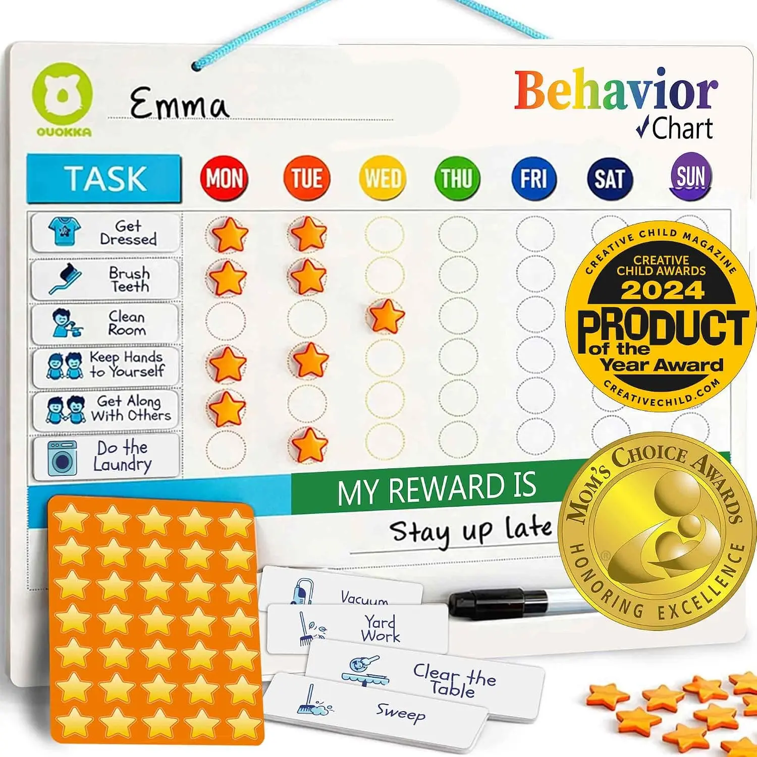 Magnetic Kids' Chore Chart - Dry-Erase Routine & Responsibility Board with 48 Magnets, 49 Stars, Sticker List for Home Behavior Rewards