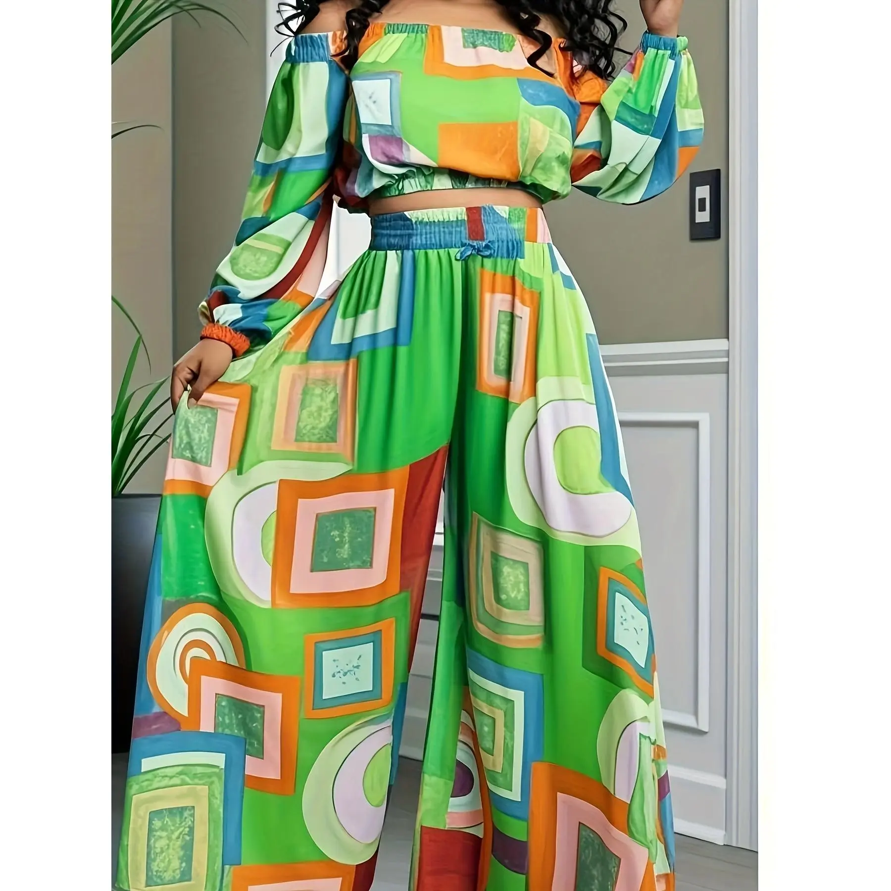 [Summer Pants] Two Piece Pants |   Women's Casual Summer Elegant Pieces Pant Set Print Beach Boho Crop Top And Wide Leg Suit