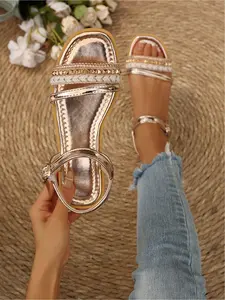 Metallic color resort-style beach casual women's sandals with rivet woven straps, flat-soled, comfortable and versatile soft-soled summer sandals, Footwear