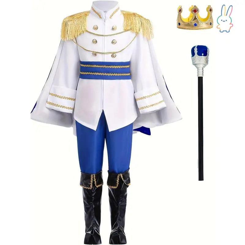 ERT Boys' 7-Piece Prince Costume Set - Includes Top, Crown, Pants, Shoe Covers, Scepter, Cloak, Belt - Prince Look for Halloween, Party Cosplay, Pretend Play, Costume for Parties