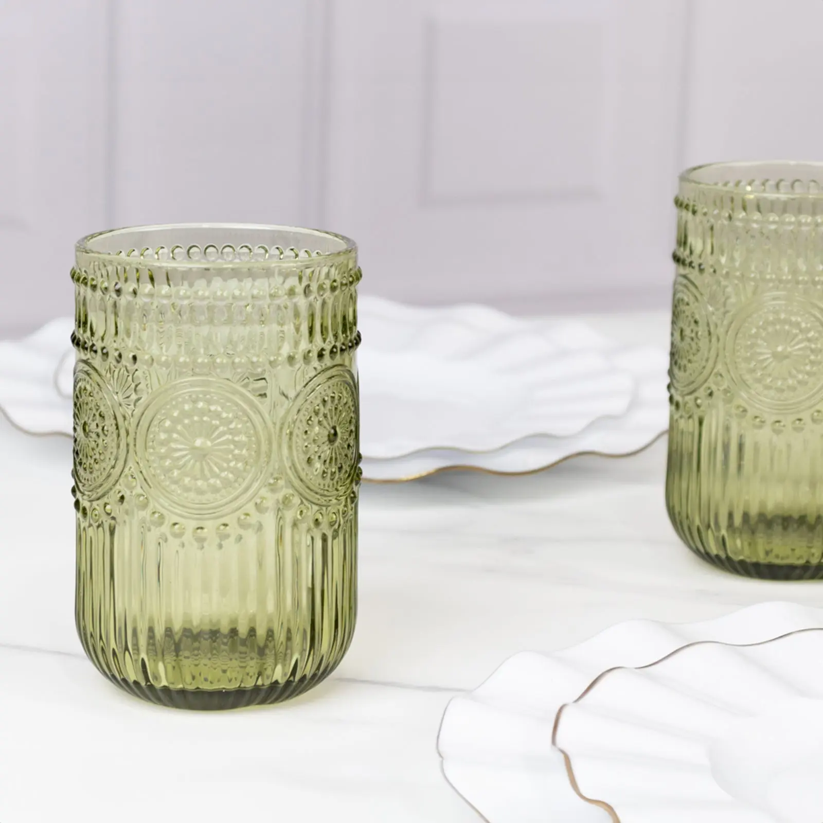 6-Pack 14oz Dusty Sage Green Classic Vintage Embossed Glass Set, Textured Floral Highball Glasses, Non-Alcoholic Cocktail & Kitchen Drinkware, Non-Alcoholic Cocktail Glasses