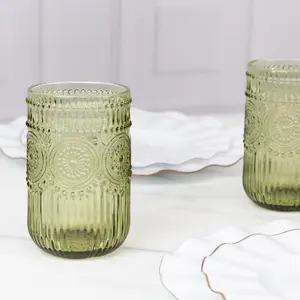 6-Pack Vintage Embossed Glass Tumblers 14oz Highball Design Dusty Sage Green - Textured Floral Pattern for Cocktails & Drinks
