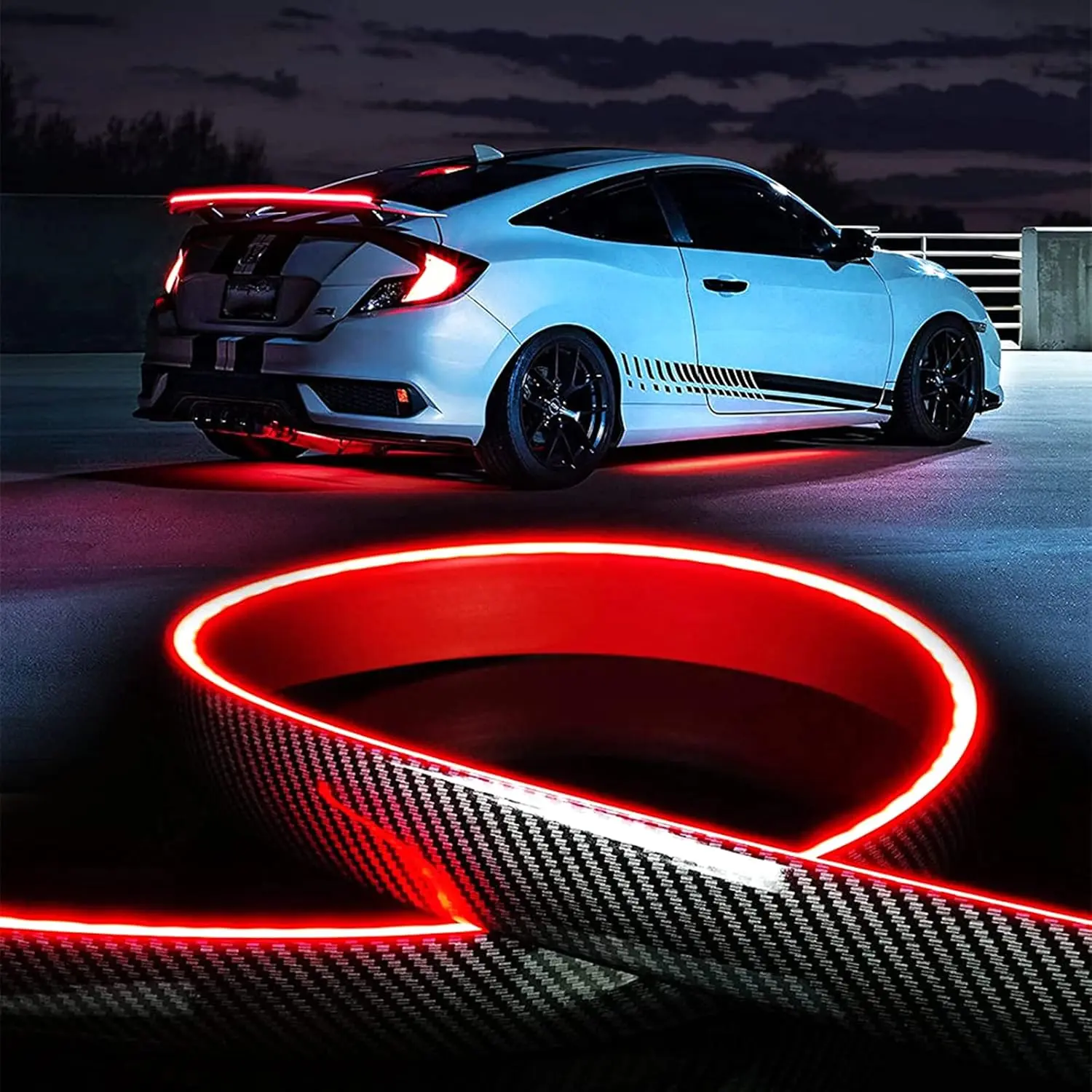 Carbon Fiber Light Up Car Spoiler Universal Exterior Rear Roof Spoiler Tail Wing Splitter with LED Strip Lights for Enhanced Visibility and Safety, Reduces Risk of Accidents. Carbon Fiber LED Light-Up Car Spoiler Carbon Fiber LED Car Tail Light