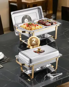 4 Qt 2 Pack Rectangle Chafing Dish Buffet Set Half Size Pan Stainless Steel Gold Finish For Weddings, Banquets, Catering, Includes Lids, Water Pan, And Fuel Holders, Durable Rectangular Serving Set