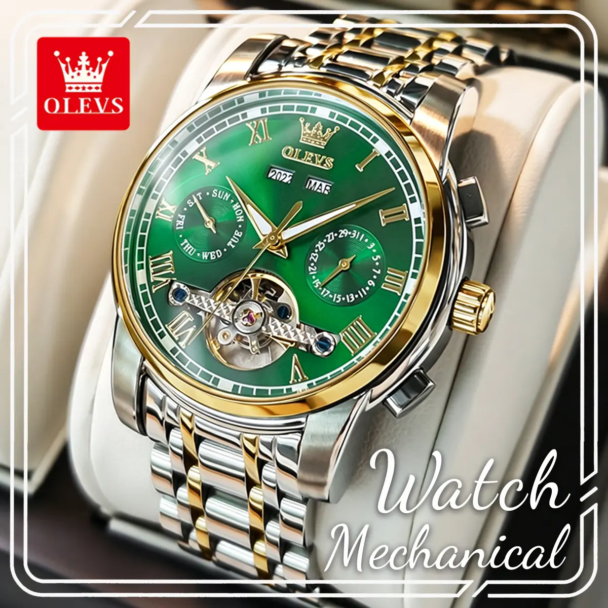 OLEVS Automatic Watches for Men, Stainless Steel Casual Business Wristwatch with a 41mm Backlit Round Dial, Model 6607, Waterproof Wristwatch