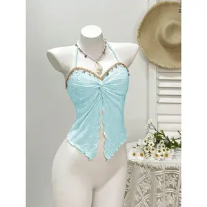 Sleeveless Twist Front Halter Tops Vacation Slit Hem Backless Camisole