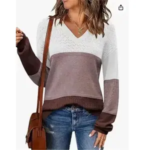 Womens 2025 Fall Sweaters Casual Long Sleeve Ribbed Knit Pullover V Neck Lightweight Crochet Pullover Sweater Top