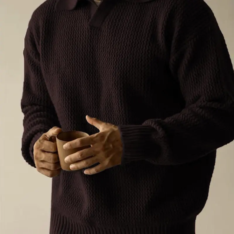 Men's Solid Drop Shoulder Ribbed Pullover, Regular Fit Casual Long Sleeve Collared Jumper for Fall & Winter, Men's Knitwear for Daily Wear