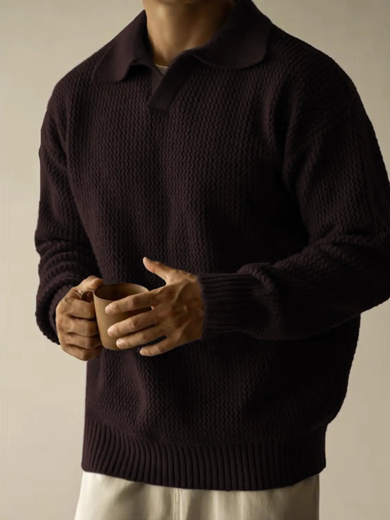 Men's Solid Drop Shoulder Ribbed Pullover, Regular Fit Casual Long Sleeve Collared Jumper for Fall & Winter, Men's Knitwear for Daily Wear