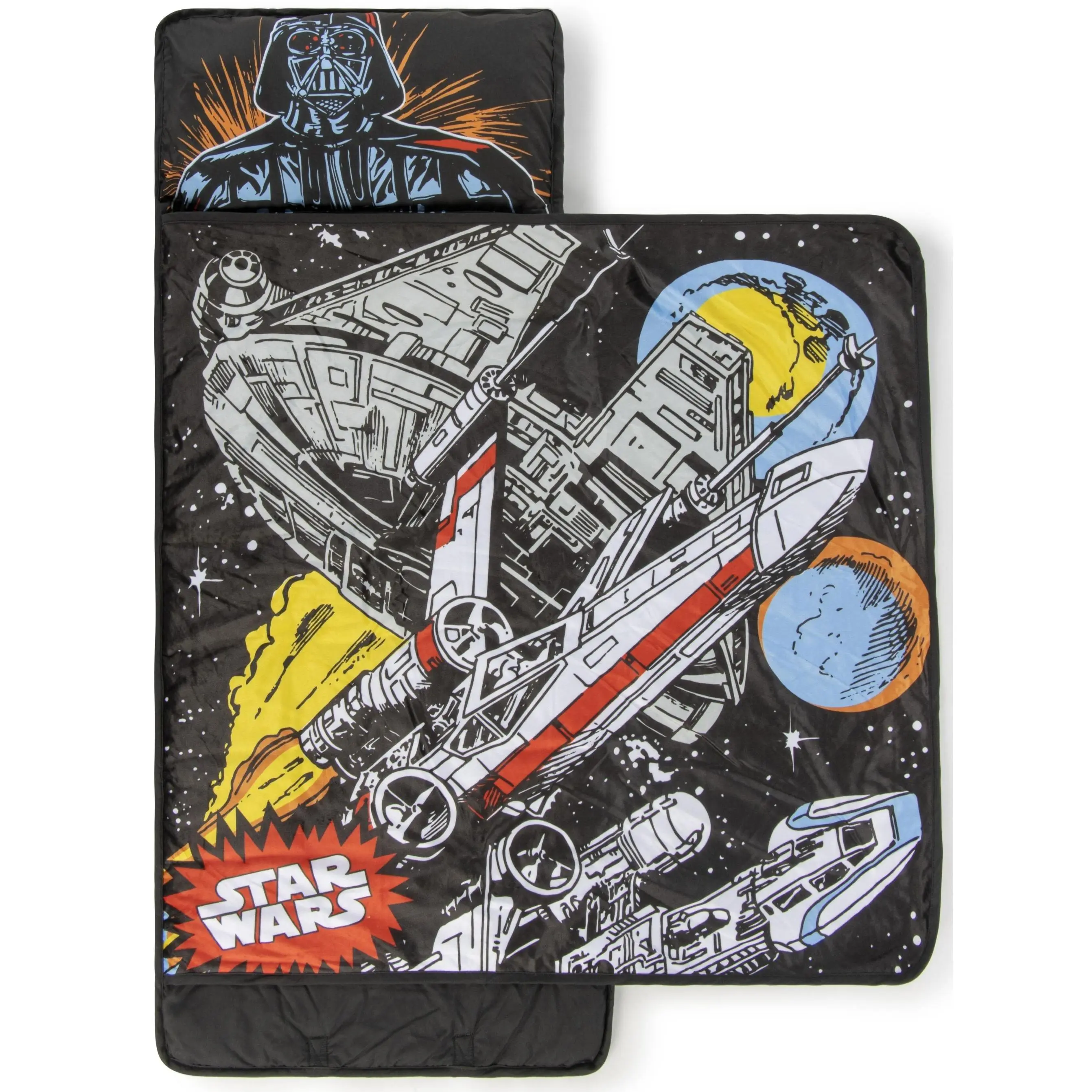 Jay Franco Star Wars Characters Space Artwork Toddler Nap Mat - Soft Polyester 46x20in Sleeping Bag with Built-In Pillow, Removable Insert, 34x35 Blanket, Velcro Closure, Carry Handle, Name Plaque, No-Zipper Design for School, Travel-Ready Mat
