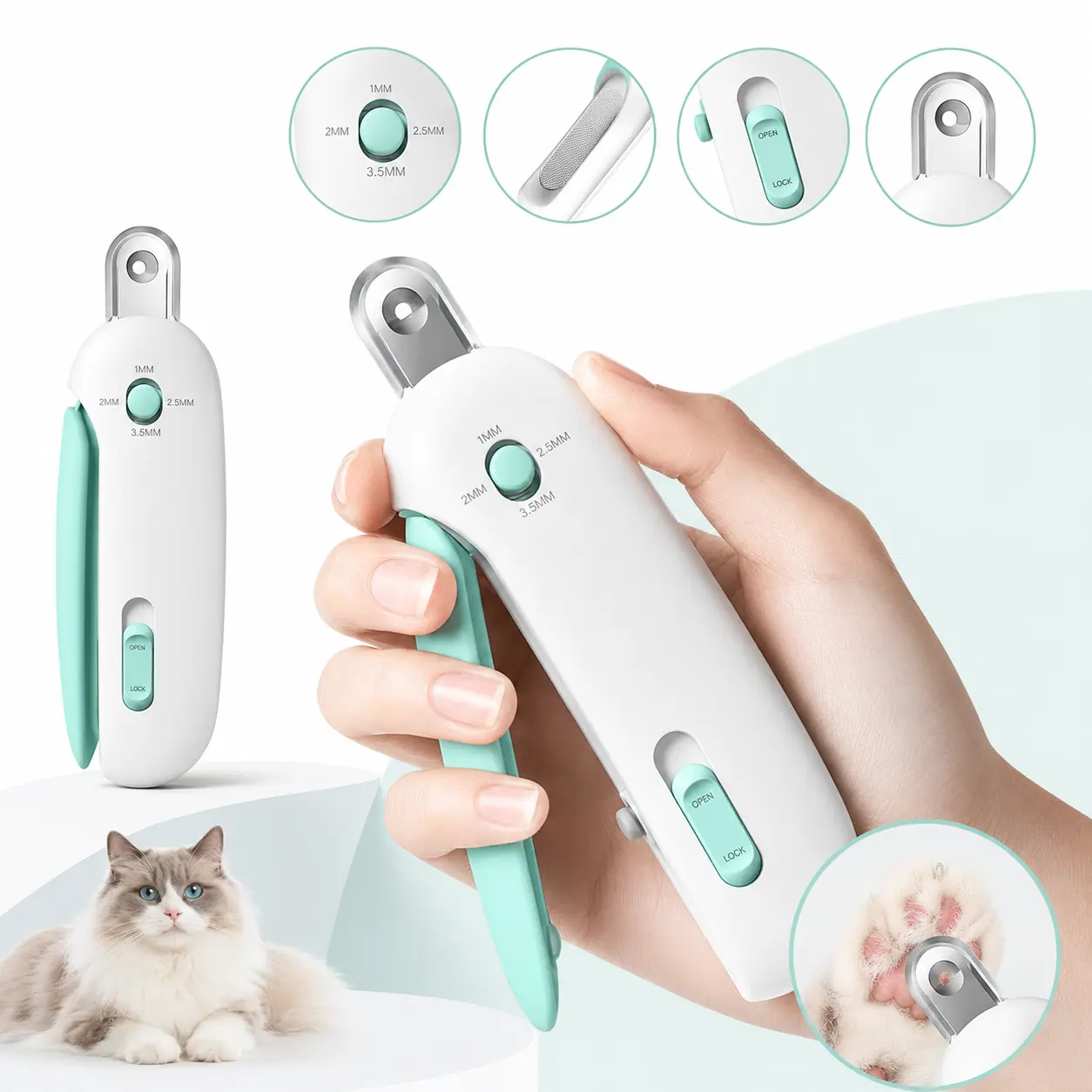 Universal Plastic Adjustable Cat Nail Clipper - 4-Size Round Hole Pet Trimmer with Built-In File, Clipping Catcher, Lockable Grooming Tool for Kittens, Reptiles, 1mm/2.5mm Sizes, Travel-Friendly, White Mint/Pink