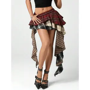 Asymmetric Ruffled Hem Mixed Plaid Mini Skirt Bottoms Cotton