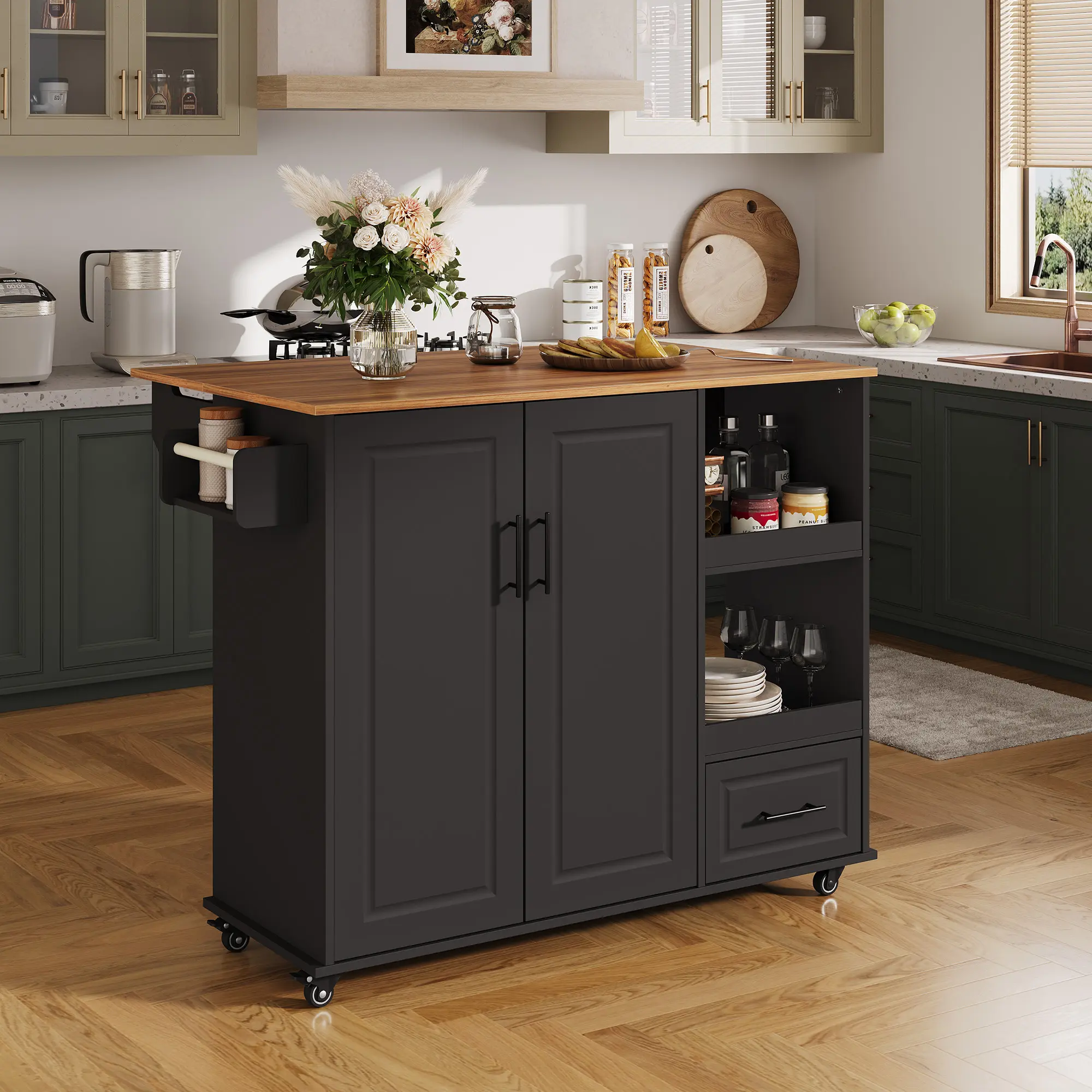 Spacious Rolling Kitchen Island Cart – 48'' Butcher Block Wood Top, Drop Leaf, Drawer, Open Shelf, Spice Rack, Lockable Wheels – Mobile Storage Table for Dining Room and Kitchen