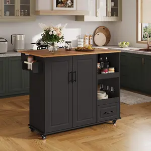 Spacious Rolling Kitchen Island Cart – 48'' Butcher Block Wood Top, Drop Leaf, Drawer, Open Shelf, Spice Rack, Lockable Wheels – Mobile Storage Table for Dining Room and Kitchen