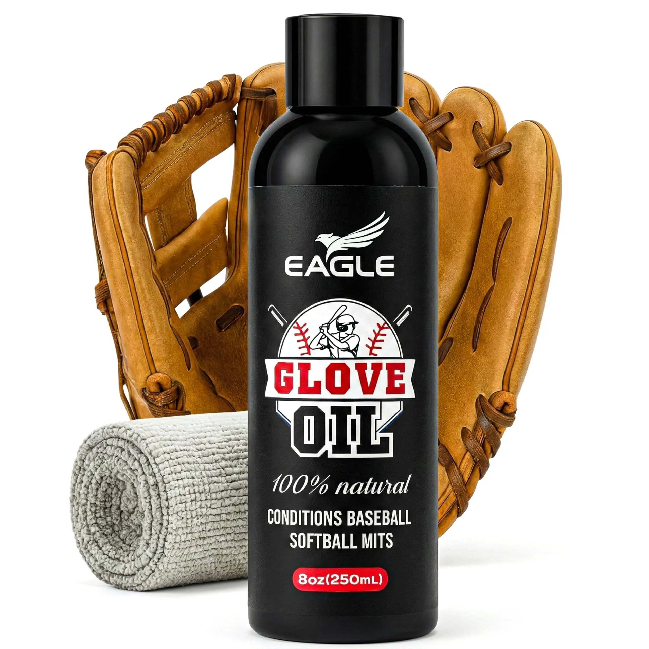 Eagle Baseball Glove Oil Conditioner with Applicator Cloth - 250mL (8.45oz) Glove Oil for Break-in & Glove Treatment - Leather Softener & Conditioner for Baseball, Softball Mitts