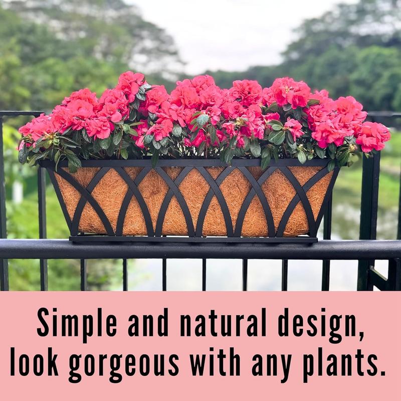 LaLaGreen Railing Planter Boxes (24 Inch, 2 Pack) Black Metal Rectangular Window Flower Box with Coco Liner, Hanging Planters for Outdoor Plants Bracket Holder Deck Rail Fence Balcony Porch Garden