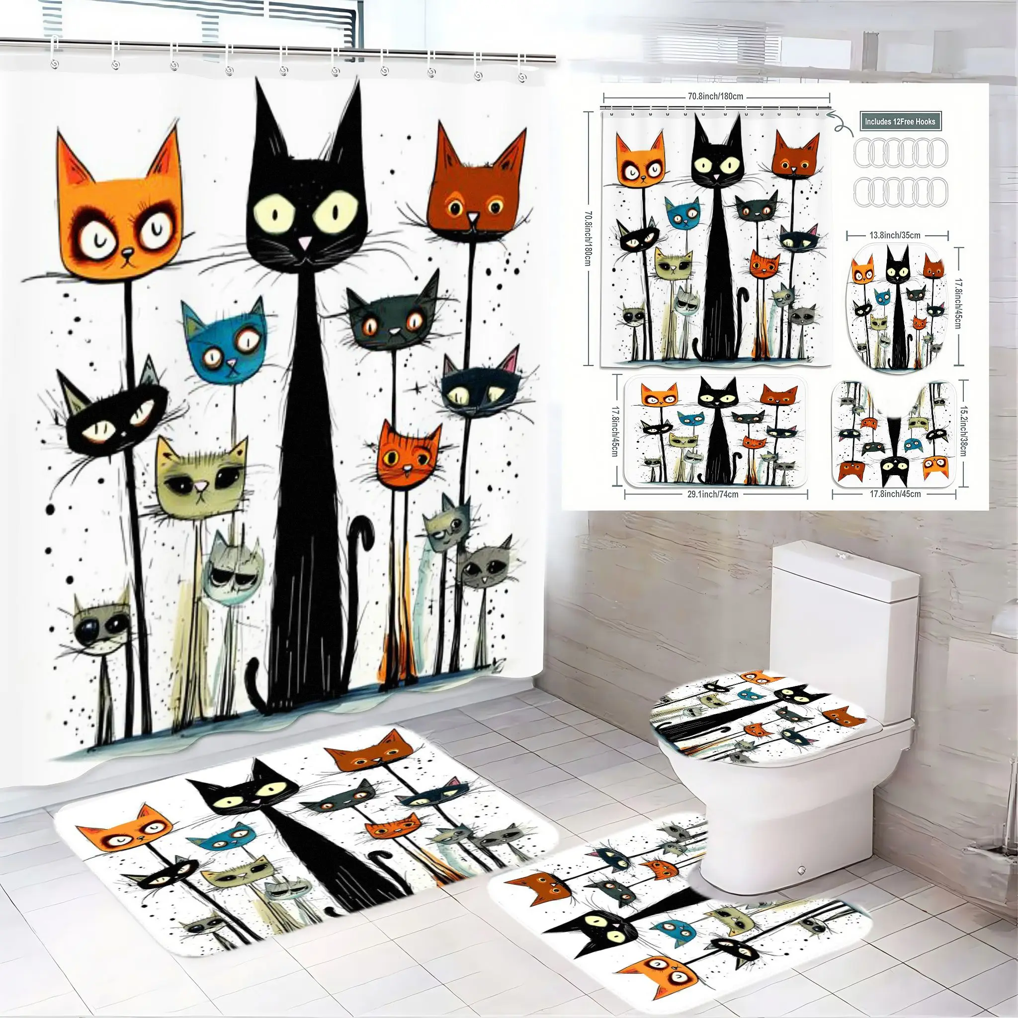 1/4-piece cat bathroom curtain set, colorful cartoon cat shower curtain, includes 2 non-slip bathroom mats and a toilet seat cover, decorative bathroom accessory set, perfect for cat lovers, Bathroom Decoration Accessories
