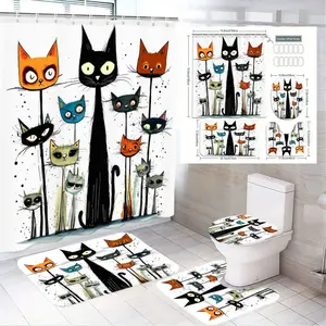 1/4-piece cat bathroom curtain set, fun and colorful cartoon cat shower curtain, includes 2 non-slip bathroom mats and a toilet seat cover, decorative bathroom accessory set, perfect for cat lovers, ideal for home bathroom decoration, Shower curtain sets