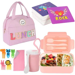 77 count Bento Box Lunch Box Kit Large  Insulated Lunch Bag 3 Layer Stackable Leakproof Lunch Box Containers with Cup,Lunch Bag,Spoon,Fork,60 Pieces Lunch Box Notes for Girl Women (Purple)