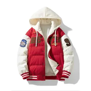Men's Colorblock Striped Trim Embroidery 2 in 1 Zip Up Hooded Jacket, Regular Fit Casual Drawstring Long Sleeve Button Front Outerwear for Fall & Winter, Men's Clothes for Daily Wear